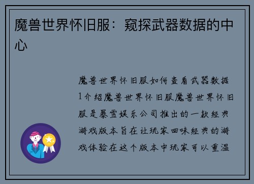 魔兽世界怀旧服：窥探武器数据的中心